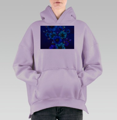 Синие цветы на темном фоне для яркости и загадочности, Hoodie Oversize Fiolet, утепленная