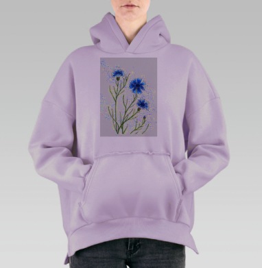 Синие васильки яркие летние свежие васильки, Hoodie Oversize Fiolet, утепленная