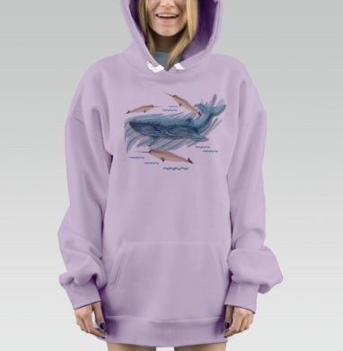 Синий кит и нарвалы плывут в морских волнах, Hoodie Mjhigh Dig Mel, Fiolet, утепленная