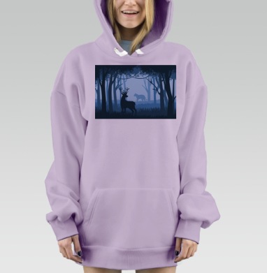 Синий лес олень и волк в ночном воздухе, Hoodie Mjhigh Dig Mel, Fiolet, утепленная