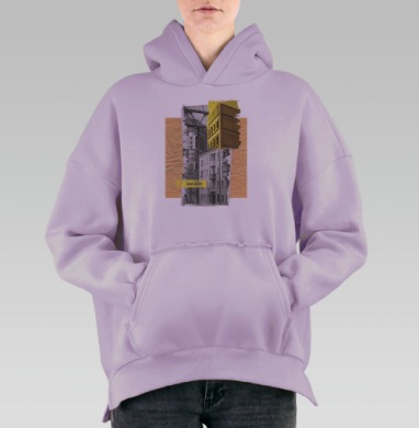 Современный коллаж с архитектурой и текстом выше домов, Hoodie Oversize Fiolet, утепленная