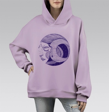 Мистический портрет с луной и звездами, Hoodie Mono Fiolet, оверсайз, утепленная