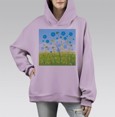 Спокойное цветение синих цветов на зеленых холмах, Hoodie Mono Fiolet, оверсайз, утепленная