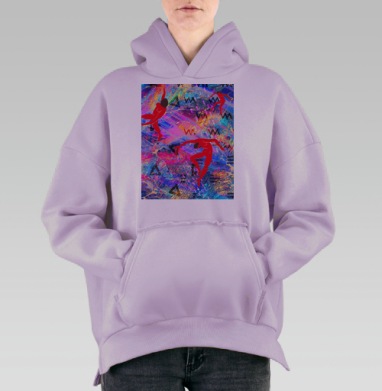 Танцующие красные фигуры на фиолетовом фоне глубокой текстуры, Hoodie Oversize Fiolet, утепленная