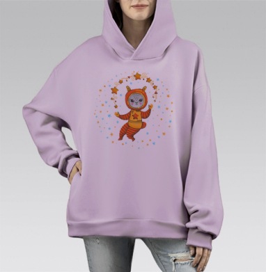 Тигренок в костюме среди звездного сияния танцует мечтательно, Hoodie Mono Fiolet, оверсайз, утепленная