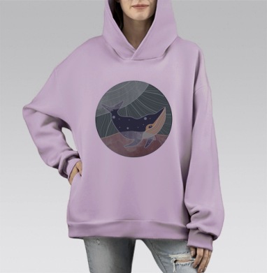 Величие и мудрость подводного кита, Hoodie Mono Fiolet, оверсайз, утепленная