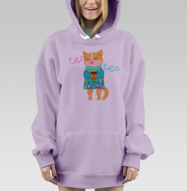 Весёлая рыжая кошка с чашкой чая в яркой одежде, Hoodie Mjhigh Dig Mel, Fiolet, утепленная