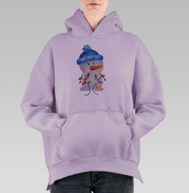 Веселые снеговики в зимних шапках и шарфиках на белом фоне, Hoodie Oversize Fiolet, утепленная