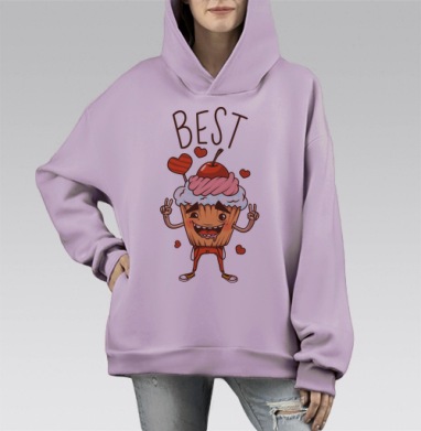 Весёлый кекс с вишней и надписью BEST на синем фоне, Hoodie Mono Fiolet, оверсайз, утепленная