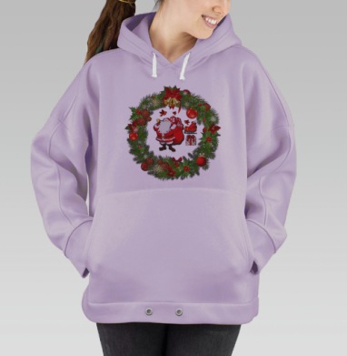 Весёлый Санта в рождественском венке круглый праздник подарков, Hoodie Oversize Fiolet