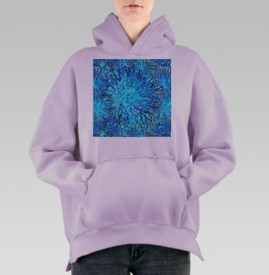Хризантемы небесно голубой оттенок нежность цветочные мотивы, Hoodie Oversize Fiolet, утепленная