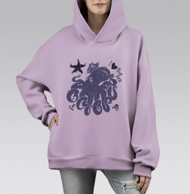 Осьминог пират в ретро-стиле с морской атрибутикой, Hoodie Mono Fiolet, оверсайз, утепленная
