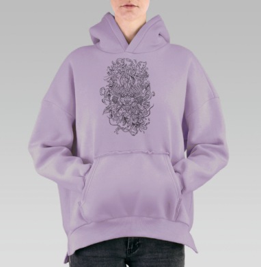 Японская маска с драконом - линия, Hoodie Oversize Fiolet, утепленная
