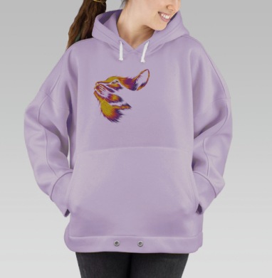Яркая кошка смотрит вверх теплые оттенки желтый пурпурный черный, Hoodie Oversize Fiolet