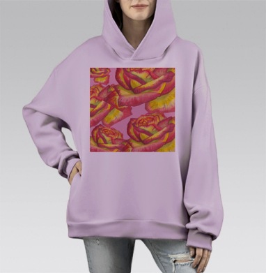 Яркие Желто Розовые Акварельные Розы на Розовом фоне, Hoodie Mono Fiolet, оверсайз, утепленная