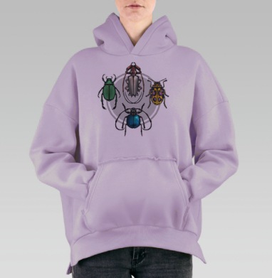 Яркие разноцветные жуки коллекция на бежевом фоне, Hoodie Oversize Fiolet, утепленная