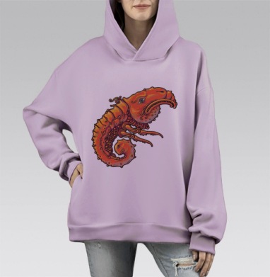 Яркий оранжевый морской конёк на синем фоне с деталями, Hoodie Mono Fiolet, оверсайз, утепленная