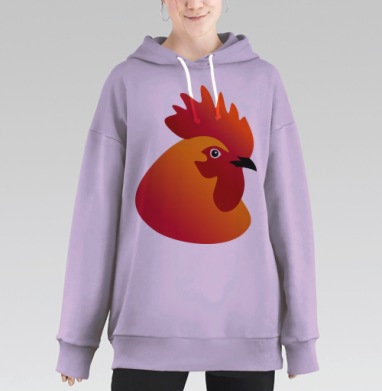 Яркий силуэт головы петуха в красно-оранжевых тонах, Hoodie Long Oversize Fiolet