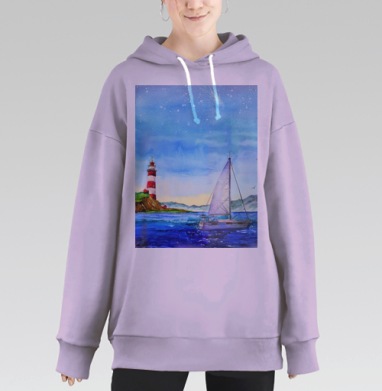 Яхта и маяк в море, Hoodie Long Oversize Fiolet