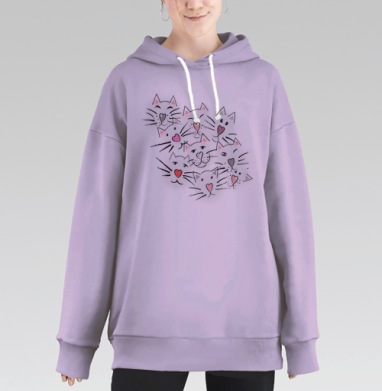 Забавные кошки с усами и носами в форме сердца, Hoodie Long Oversize Fiolet