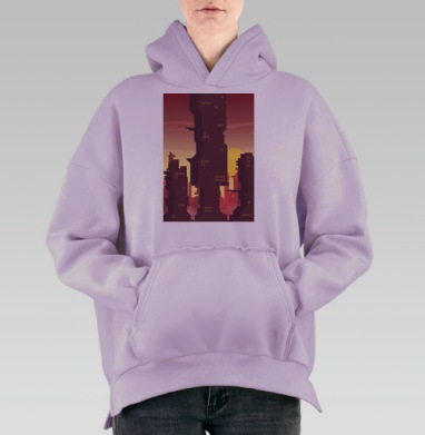 Закат над футуристическими городскими зданиями в пурпурных тонах, Hoodie Oversize Fiolet, утепленная