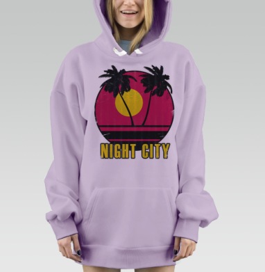 Закат вечер пальмы город Night City, Hoodie Mjhigh Dig Mel, Fiolet, утепленная