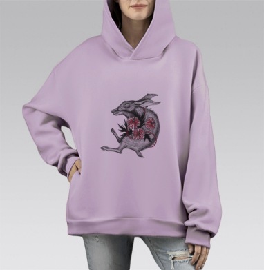 Заяц и цветы, Hoodie Mono Fiolet, оверсайз, утепленная
