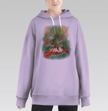 Зеленая тропическая лягушка на красном цветке, Hoodie Long Oversize Fiolet