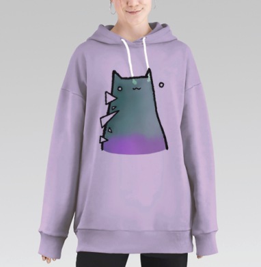 Зеленовато фиолетовый кот с шипами сером фоне, Hoodie Long Oversize Fiolet