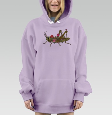Зелёный кузнечик с яркими цветами на теле в спокойствии, Hoodie Mjhigh Dig Mel, Fiolet, утепленная
