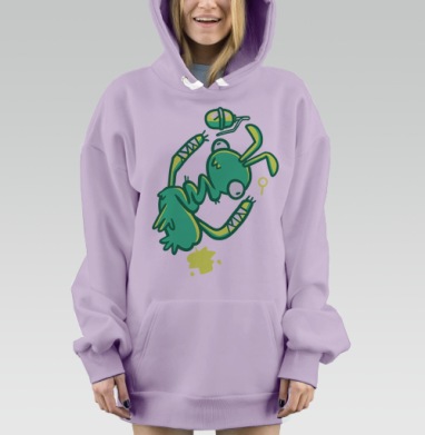 Зеленый забавный персонаж в динамике летит вниз, Hoodie Mjhigh Dig Mel, Fiolet, утепленная
