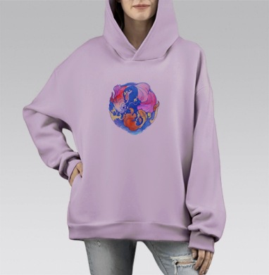 Золотые рыбы синие волны и плавное движение, Hoodie Mono Fiolet, оверсайз, утепленная