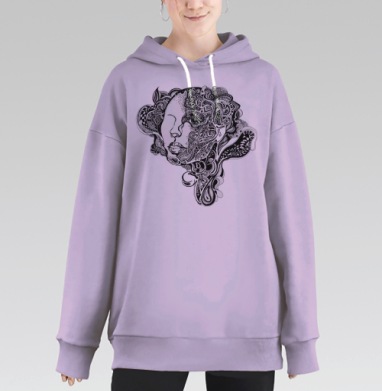Абстрактный портрет в стиле зентангл, черно-белый, Hoodie Long Oversize Fiolet