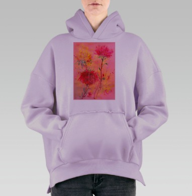 Акварельные цветы: красные и розовый букет, Hoodie Oversize Fiolet, утепленная