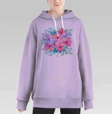 Акварельный букет цветов – нежность и гармония, Hoodie Long Oversize Fiolet