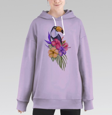 Акварельный тукан в тропическом цветочном букете, Hoodie Long Oversize Fiolet