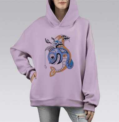 Арт-рыбы, Hoodie Mono Fiolet, оверсайз, утепленная