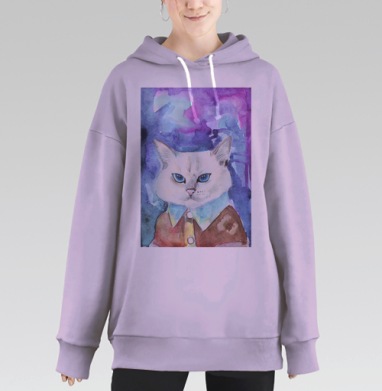 Белая кошка с голубыми глазами в рубашке акварелью, Hoodie Long Oversize Fiolet