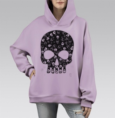 Белые черепа на черном, Hoodie Mono Fiolet, оверсайз, утепленная