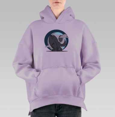 Чёрный волк под полной луной – мистический арт, Hoodie Oversize Fiolet, утепленная