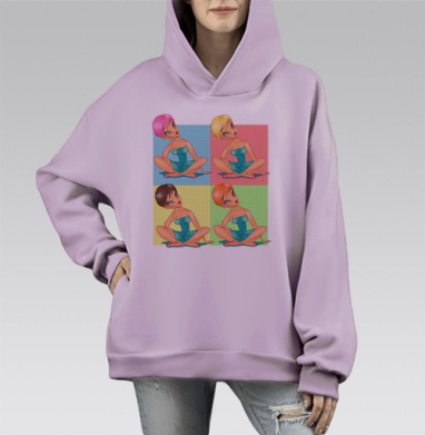 Четырехцветная девушка в задумчивой позе, Hoodie Mono Fiolet, оверсайз, утепленная