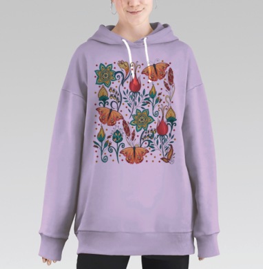 Цветочная гармония с бабочками и растениями, Hoodie Long Oversize Fiolet