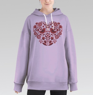 Две птицы в сердце из цветов – символ любви и гармонии, Hoodie Long Oversize Fiolet
