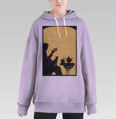 Элегантный силуэт с чашкой чая и кошкой, Hoodie Long Oversize Fiolet