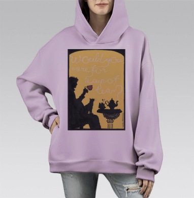 Элегантный силуэт с чашкой чая и кошкой, Hoodie Mono Fiolet, оверсайз, утепленная