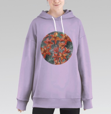 Живописный акварельный принт с оранжевыми лилиями, Hoodie Long Oversize Fiolet
