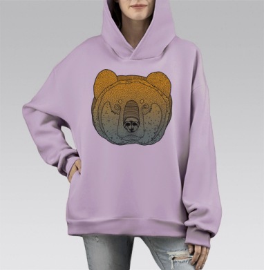 Графический медведь с орнаментом и узорами, Hoodie Mono Fiolet, оверсайз, утепленная