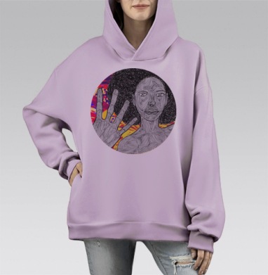 Графичный арт-портрет женщины с афро-прической, Hoodie Mono Fiolet, оверсайз, утепленная