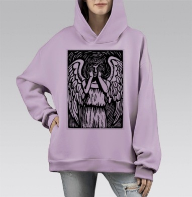 Гравюра Ангел в Печали — Монохромная Драма, Hoodie Mono Fiolet, оверсайз, утепленная