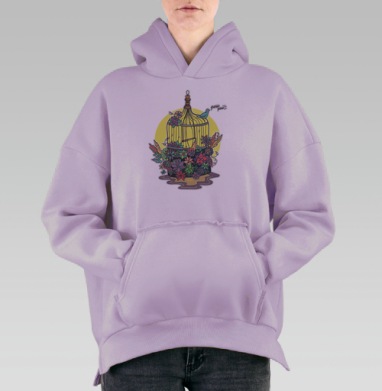 Игра свободы: Птичка «pew pew» в цветочной клетке, Hoodie Oversize Fiolet, утепленная